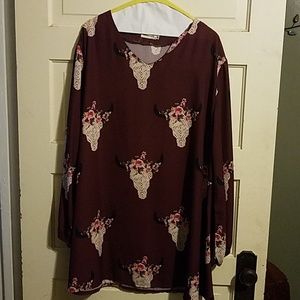 XL, maroon, long sleeve, floral cow skull dress